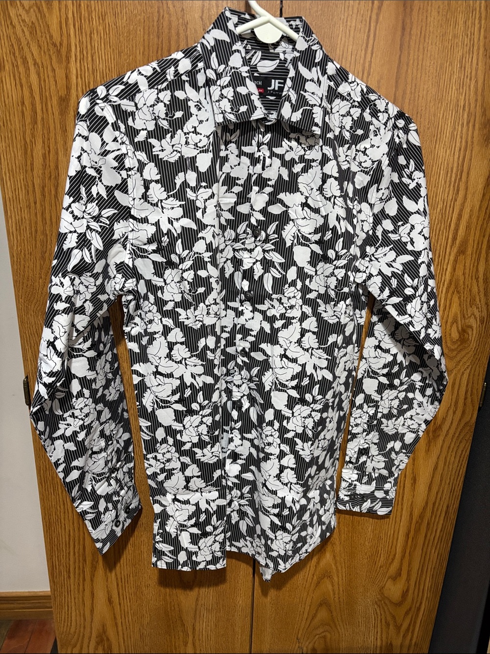 jf j.ferrar Black & White Floral Stretch Slim Shirt